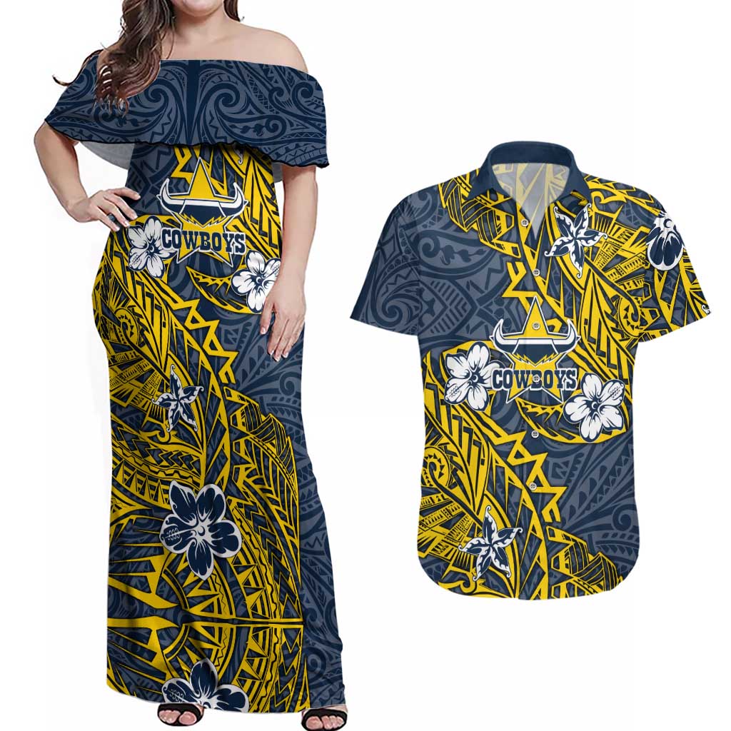 Personalised North Queensland Cowboys Couples Matching Off Shoulder Maxi Dress and Hawaiian Shirt Polynesian Tribal Pattern With Rugby Bull Mascot Art