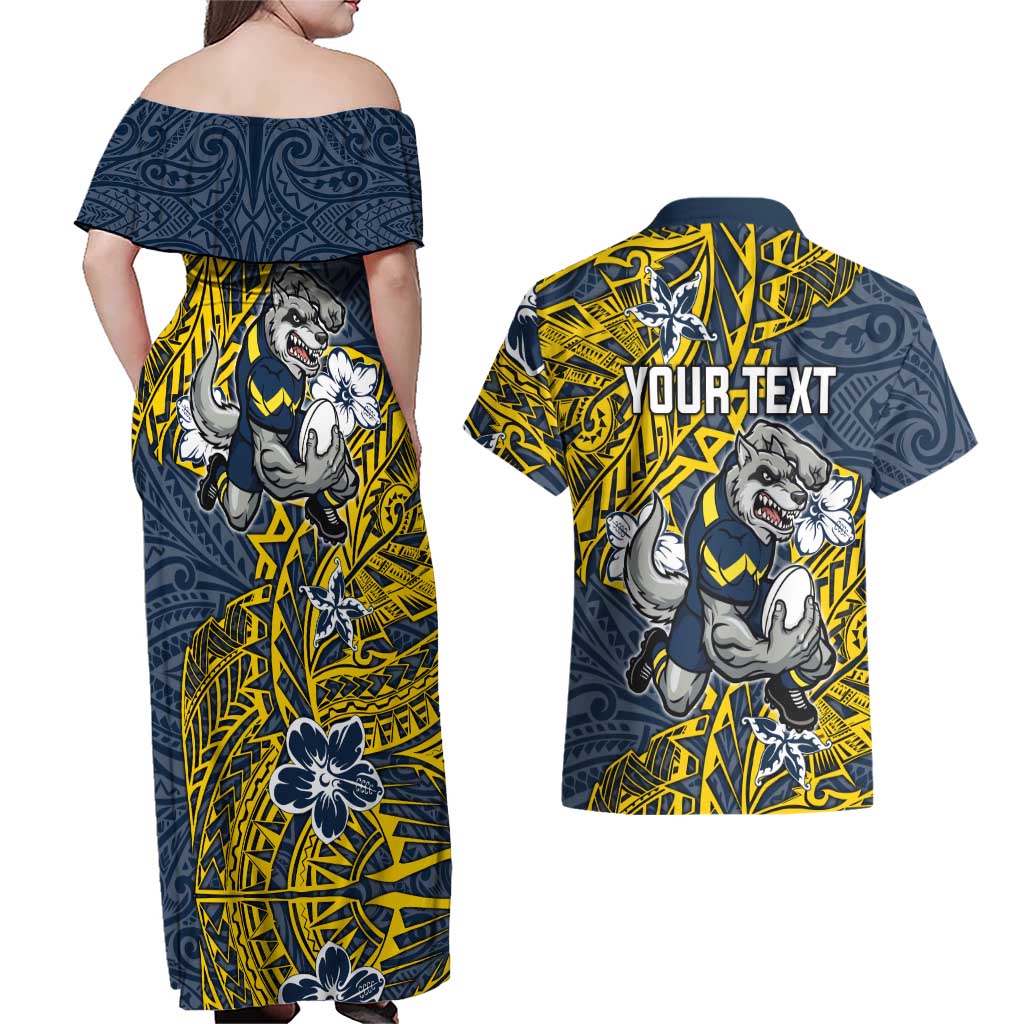 Personalised North Queensland Cowboys Couples Matching Off Shoulder Maxi Dress and Hawaiian Shirt Polynesian Tribal Pattern With Rugby Bull Mascot Art