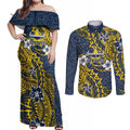 Personalised North Queensland Cowboys Couples Matching Off Shoulder Maxi Dress and Long Sleeve Button Shirt Polynesian Tribal Pattern With Rugby Bull Mascot Art