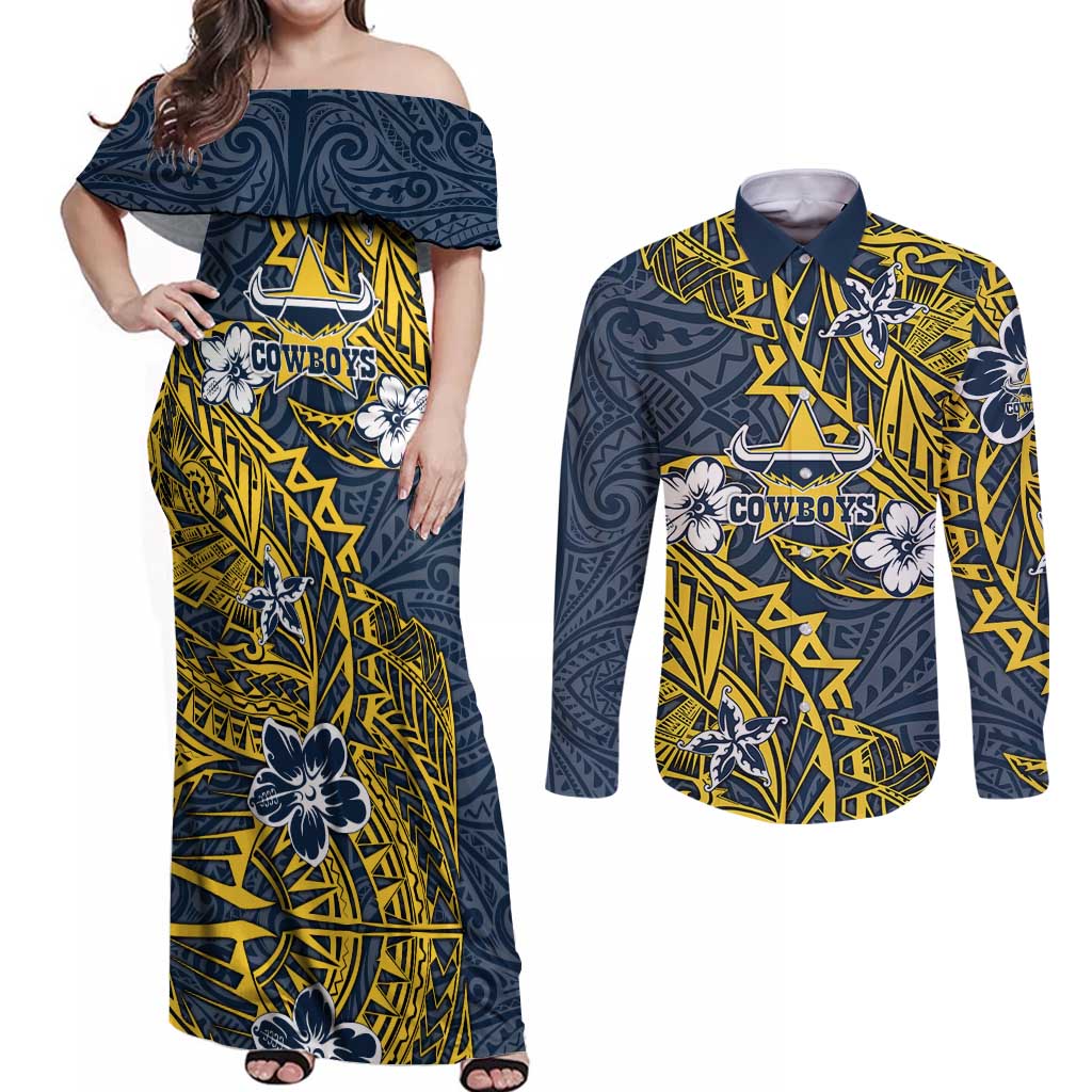 Personalised North Queensland Cowboys Couples Matching Off Shoulder Maxi Dress and Long Sleeve Button Shirt Polynesian Tribal Pattern With Rugby Bull Mascot Art