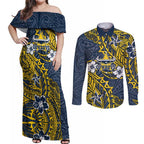 Personalised North Queensland Cowboys Couples Matching Off Shoulder Maxi Dress and Long Sleeve Button Shirt Polynesian Tribal Pattern With Rugby Bull Mascot Art