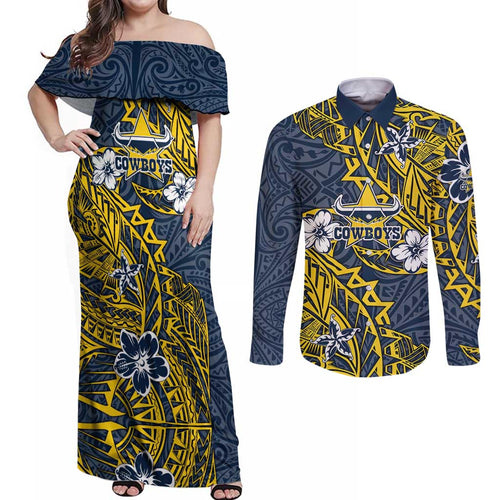 Personalised North Queensland Cowboys Couples Matching Off Shoulder Maxi Dress and Long Sleeve Button Shirt Polynesian Tribal Pattern With Rugby Bull Mascot Art