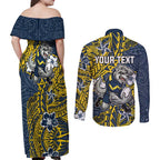 Personalised North Queensland Cowboys Couples Matching Off Shoulder Maxi Dress and Long Sleeve Button Shirt Polynesian Tribal Pattern With Rugby Bull Mascot Art