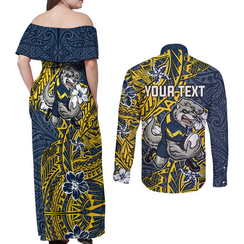 Personalised North Queensland Cowboys Couples Matching Off Shoulder Maxi Dress and Long Sleeve Button Shirt Polynesian Tribal Pattern With Rugby Bull Mascot Art