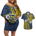 Personalised North Queensland Cowboys Couples Matching Off Shoulder Short Dress and Hawaiian Shirt Polynesian Tribal Pattern With Rugby Bull Mascot Art