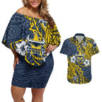 Personalised North Queensland Cowboys Couples Matching Off Shoulder Short Dress and Hawaiian Shirt Polynesian Tribal Pattern With Rugby Bull Mascot Art