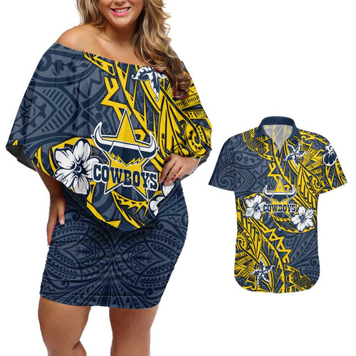 Personalised North Queensland Cowboys Couples Matching Off Shoulder Short Dress and Hawaiian Shirt Polynesian Tribal Pattern With Rugby Bull Mascot Art