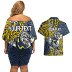 Personalised North Queensland Cowboys Couples Matching Off Shoulder Short Dress and Hawaiian Shirt Polynesian Tribal Pattern With Rugby Bull Mascot Art