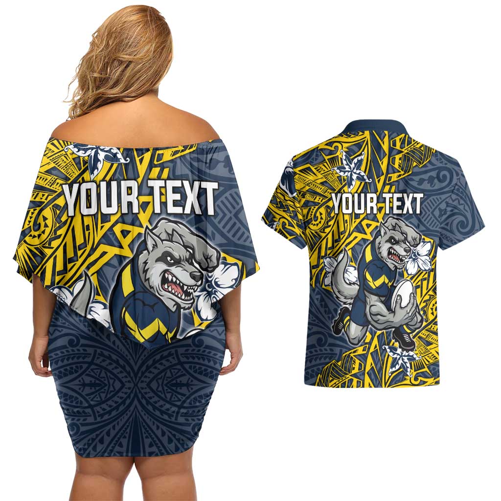 Personalised North Queensland Cowboys Couples Matching Off Shoulder Short Dress and Hawaiian Shirt Polynesian Tribal Pattern With Rugby Bull Mascot Art