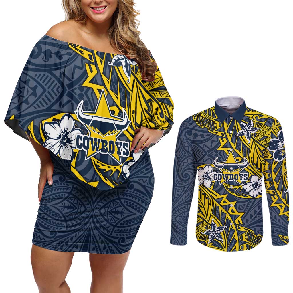 Personalised North Queensland Cowboys Couples Matching Off Shoulder Short Dress and Long Sleeve Button Shirt Polynesian Tribal Pattern With Rugby Bull Mascot Art