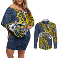 Personalised North Queensland Cowboys Couples Matching Off Shoulder Short Dress and Long Sleeve Button Shirt Polynesian Tribal Pattern With Rugby Bull Mascot Art