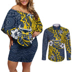 Personalised North Queensland Cowboys Couples Matching Off Shoulder Short Dress and Long Sleeve Button Shirt Polynesian Tribal Pattern With Rugby Bull Mascot Art
