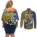 Personalised North Queensland Cowboys Couples Matching Off Shoulder Short Dress and Long Sleeve Button Shirt Polynesian Tribal Pattern With Rugby Bull Mascot Art