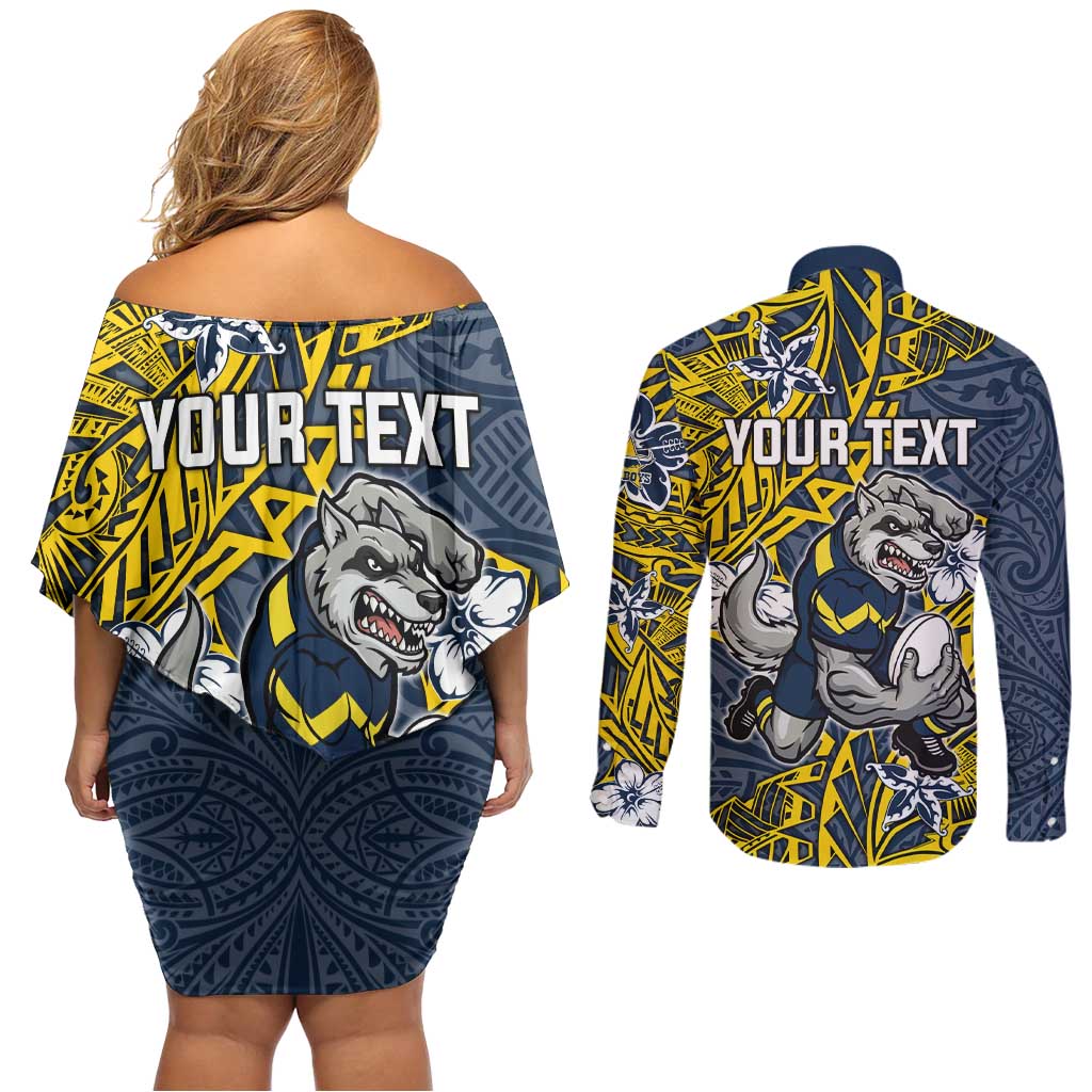 Personalised North Queensland Cowboys Couples Matching Off Shoulder Short Dress and Long Sleeve Button Shirt Polynesian Tribal Pattern With Rugby Bull Mascot Art