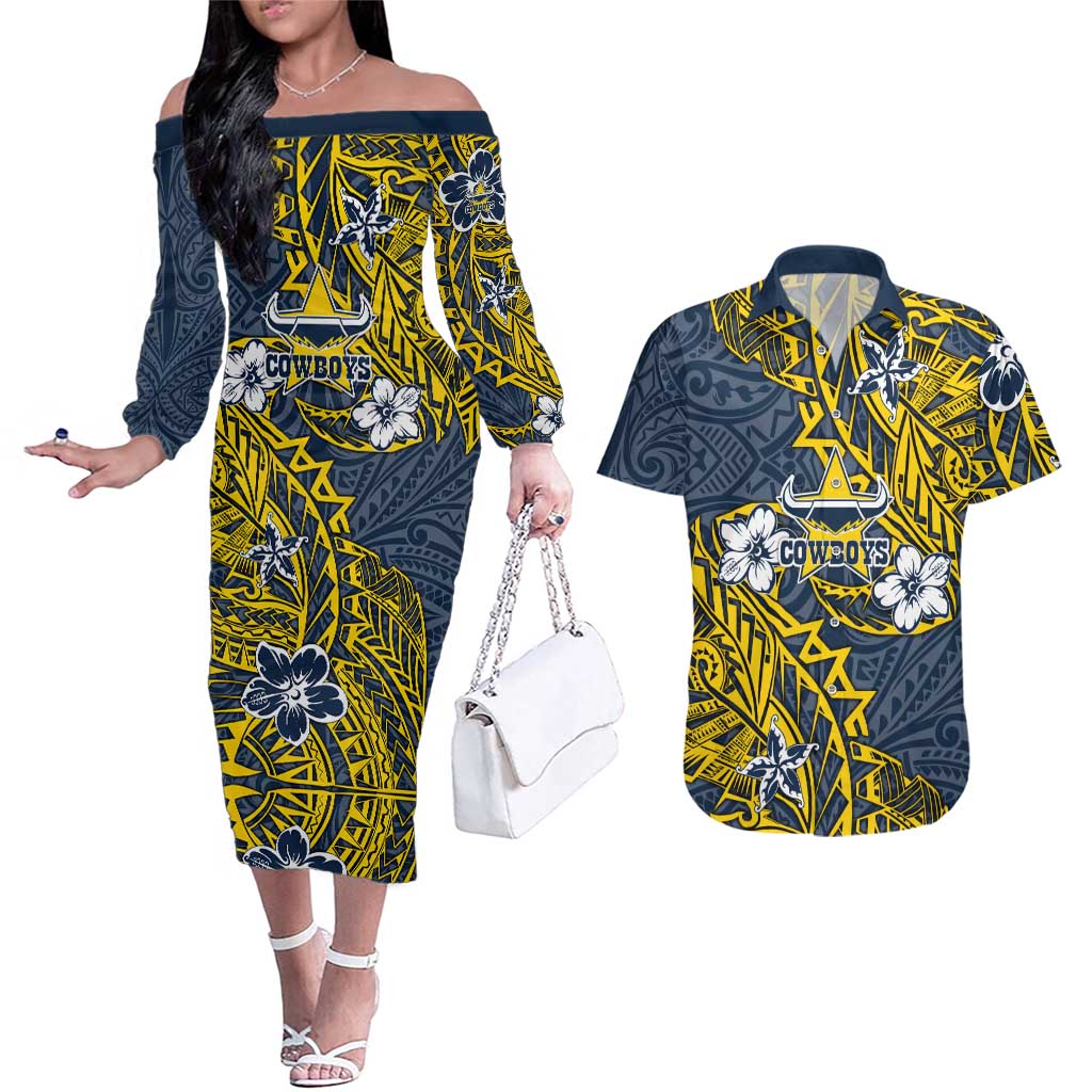 Personalised North Queensland Cowboys Couples Matching Off The Shoulder Long Sleeve Dress and Hawaiian Shirt Polynesian Tribal Pattern With Rugby Bull Mascot Art