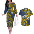 Personalised North Queensland Cowboys Couples Matching Off The Shoulder Long Sleeve Dress and Hawaiian Shirt Polynesian Tribal Pattern With Rugby Bull Mascot Art