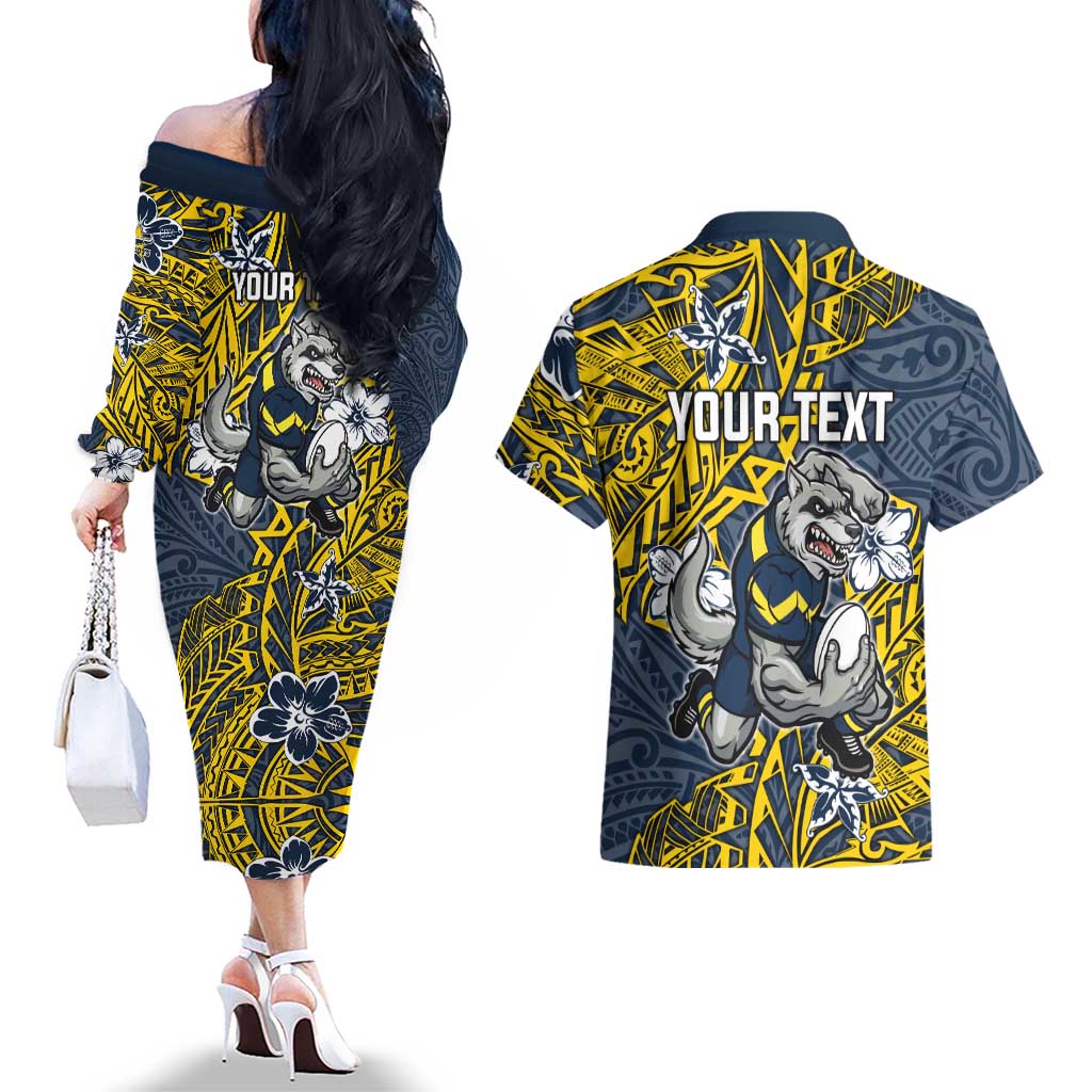 Personalised North Queensland Cowboys Couples Matching Off The Shoulder Long Sleeve Dress and Hawaiian Shirt Polynesian Tribal Pattern With Rugby Bull Mascot Art