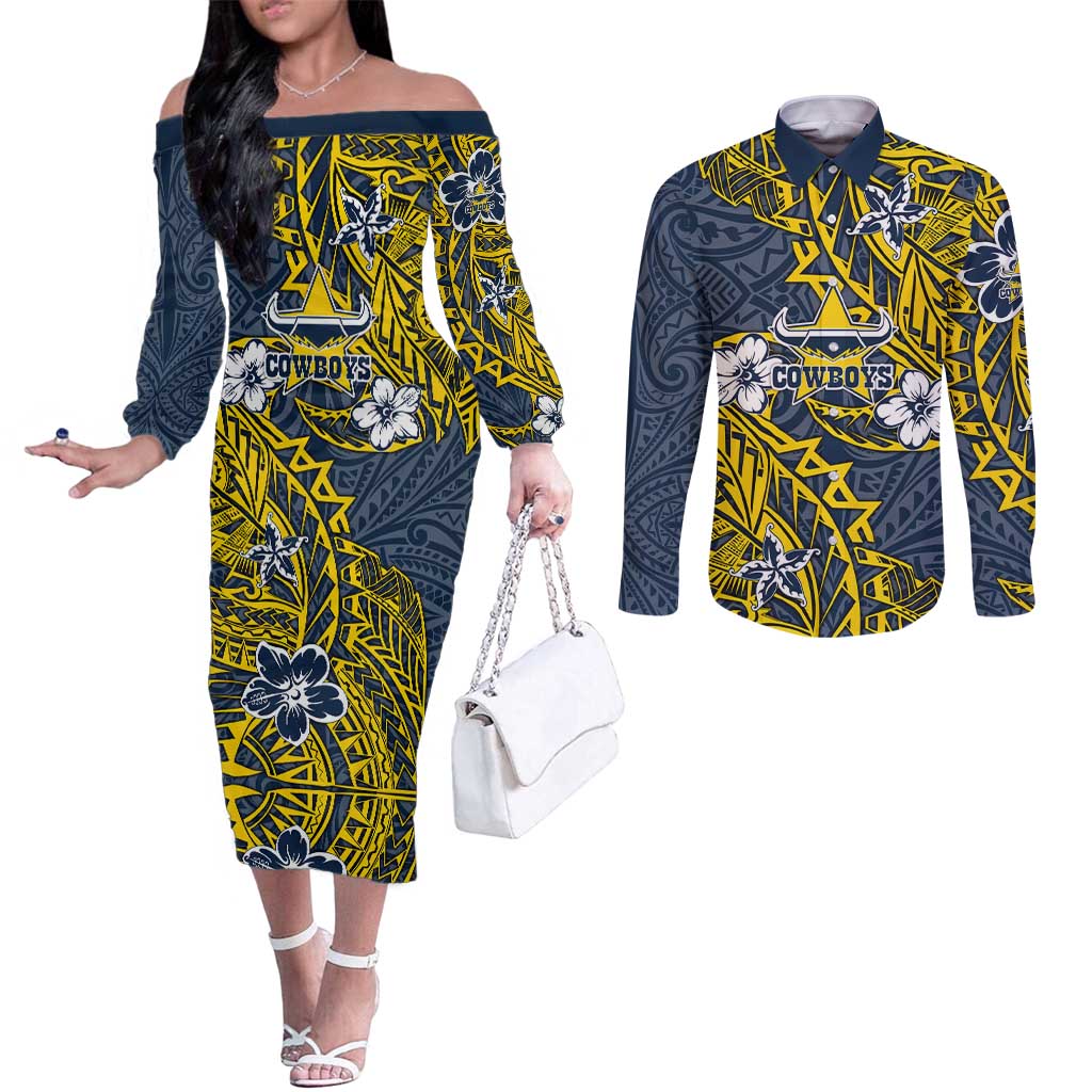 Personalised North Queensland Cowboys Couples Matching Off The Shoulder Long Sleeve Dress and Long Sleeve Button Shirt Polynesian Tribal Pattern With Rugby Bull Mascot Art