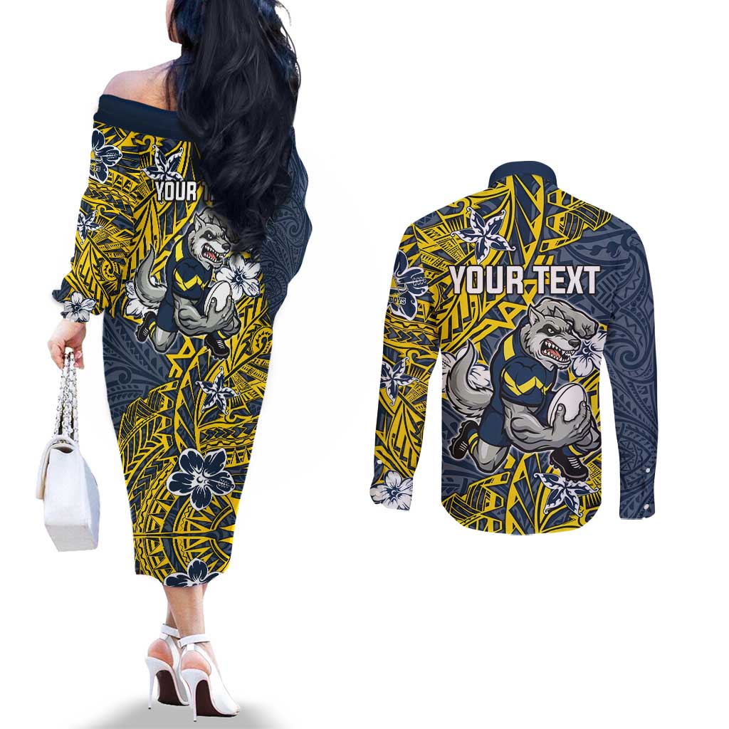 Personalised North Queensland Cowboys Couples Matching Off The Shoulder Long Sleeve Dress and Long Sleeve Button Shirt Polynesian Tribal Pattern With Rugby Bull Mascot Art