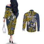 Personalised North Queensland Cowboys Couples Matching Off The Shoulder Long Sleeve Dress and Long Sleeve Button Shirt Polynesian Tribal Pattern With Rugby Bull Mascot Art