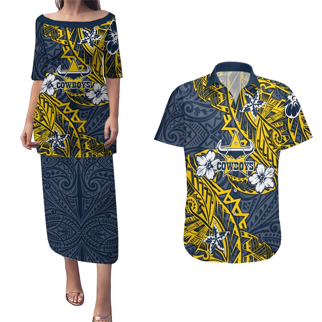 Personalised North Queensland Cowboys Couples Matching Puletasi and Hawaiian Shirt Polynesian Tribal Pattern With Rugby Bull Mascot Art