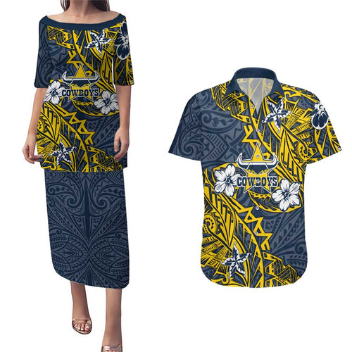 Personalised North Queensland Cowboys Couples Matching Puletasi and Hawaiian Shirt Polynesian Tribal Pattern With Rugby Bull Mascot Art