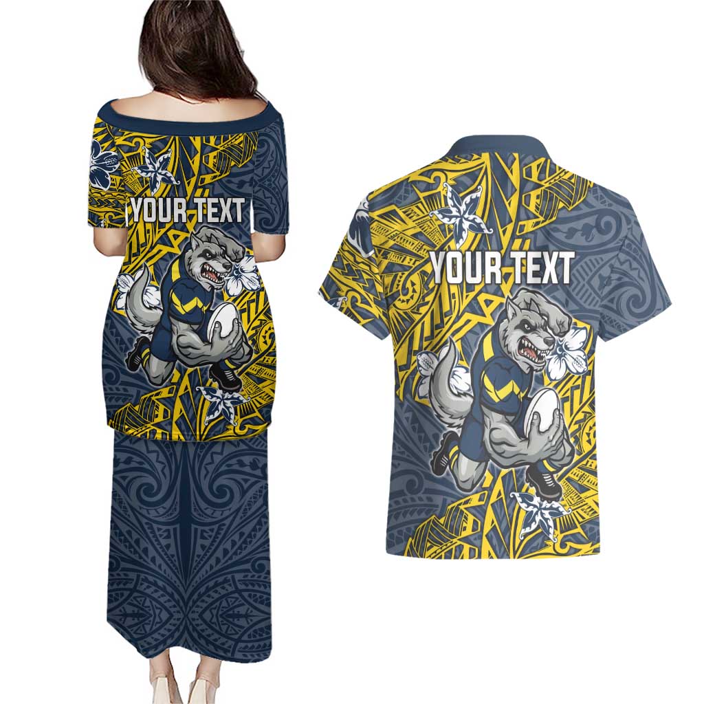 Personalised North Queensland Cowboys Couples Matching Puletasi and Hawaiian Shirt Polynesian Tribal Pattern With Rugby Bull Mascot Art