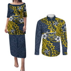 Personalised North Queensland Cowboys Couples Matching Puletasi and Long Sleeve Button Shirt Polynesian Tribal Pattern With Rugby Bull Mascot Art