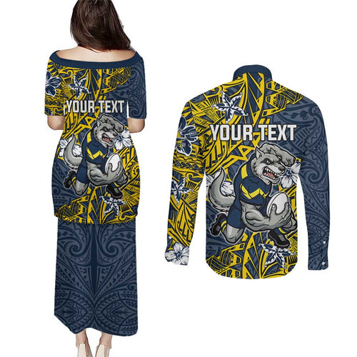 Personalised North Queensland Cowboys Couples Matching Puletasi and Long Sleeve Button Shirt Polynesian Tribal Pattern With Rugby Bull Mascot Art