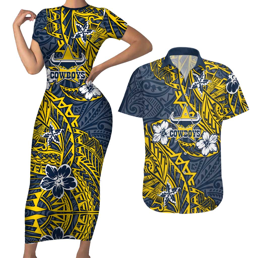Personalised North Queensland Cowboys Couples Matching Short Sleeve Bodycon Dress and Hawaiian Shirt Polynesian Tribal Pattern With Rugby Bull Mascot Art