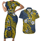 Personalised North Queensland Cowboys Couples Matching Short Sleeve Bodycon Dress and Hawaiian Shirt Polynesian Tribal Pattern With Rugby Bull Mascot Art