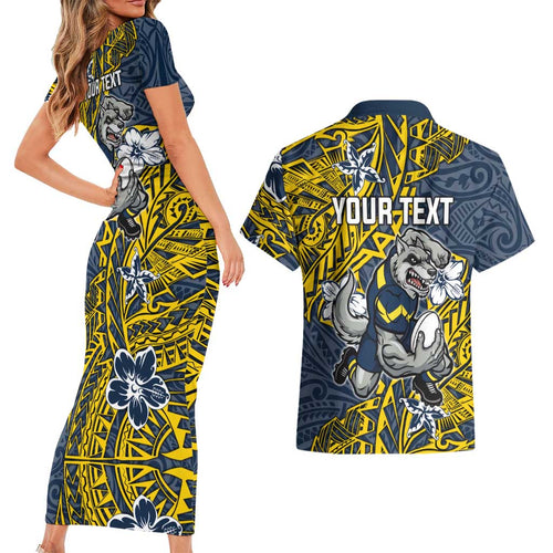 Personalised North Queensland Cowboys Couples Matching Short Sleeve Bodycon Dress and Hawaiian Shirt Polynesian Tribal Pattern With Rugby Bull Mascot Art