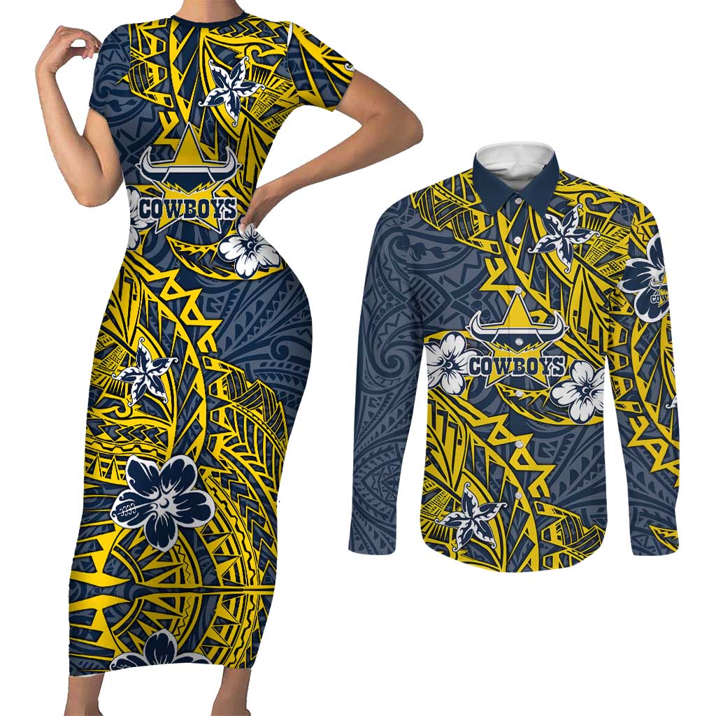 Personalised North Queensland Cowboys Couples Matching Short Sleeve Bodycon Dress and Long Sleeve Button Shirt Polynesian Tribal Pattern With Rugby Bull Mascot Art