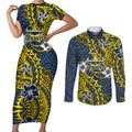 Personalised North Queensland Cowboys Couples Matching Short Sleeve Bodycon Dress and Long Sleeve Button Shirt Polynesian Tribal Pattern With Rugby Bull Mascot Art