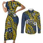 Personalised North Queensland Cowboys Couples Matching Short Sleeve Bodycon Dress and Long Sleeve Button Shirt Polynesian Tribal Pattern With Rugby Bull Mascot Art