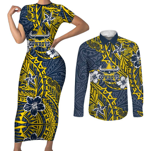 Personalised North Queensland Cowboys Couples Matching Short Sleeve Bodycon Dress and Long Sleeve Button Shirt Polynesian Tribal Pattern With Rugby Bull Mascot Art