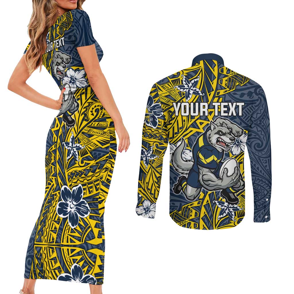 Personalised North Queensland Cowboys Couples Matching Short Sleeve Bodycon Dress and Long Sleeve Button Shirt Polynesian Tribal Pattern With Rugby Bull Mascot Art
