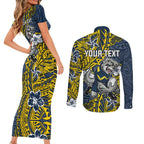 Personalised North Queensland Cowboys Couples Matching Short Sleeve Bodycon Dress and Long Sleeve Button Shirt Polynesian Tribal Pattern With Rugby Bull Mascot Art
