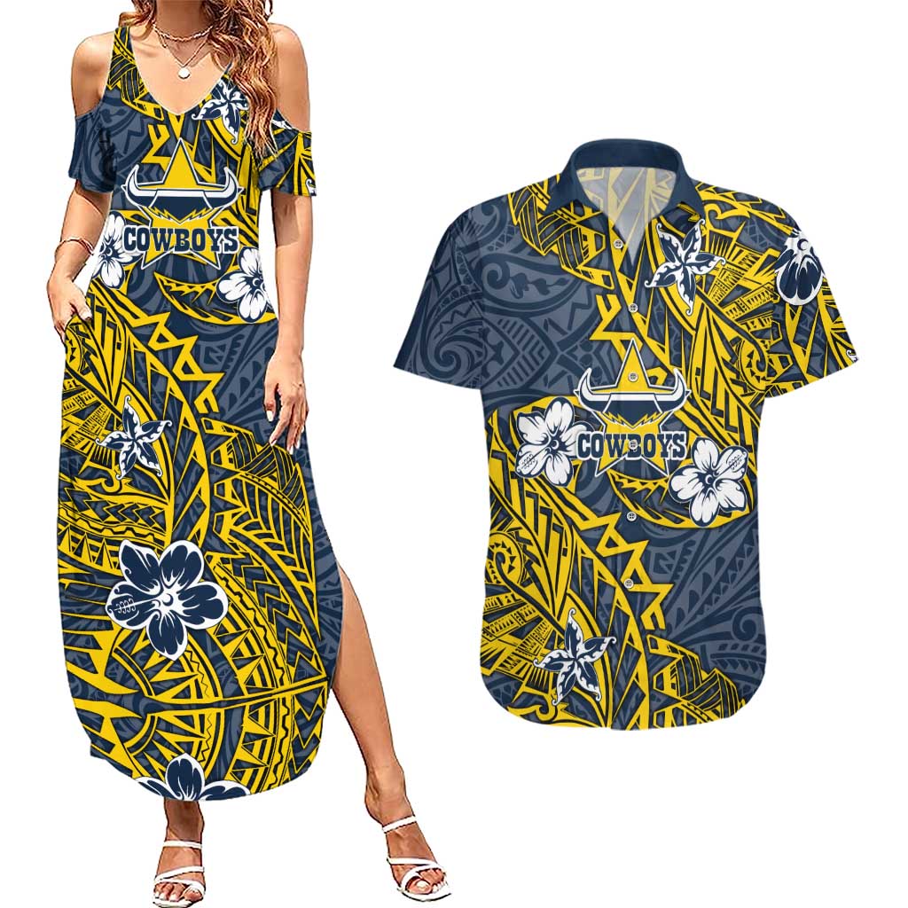 Personalised North Queensland Cowboys Couples Matching Summer Maxi Dress and Hawaiian Shirt Polynesian Tribal Pattern With Rugby Bull Mascot Art