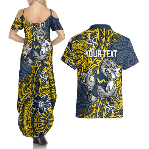 Personalised North Queensland Cowboys Couples Matching Summer Maxi Dress and Hawaiian Shirt Polynesian Tribal Pattern With Rugby Bull Mascot Art