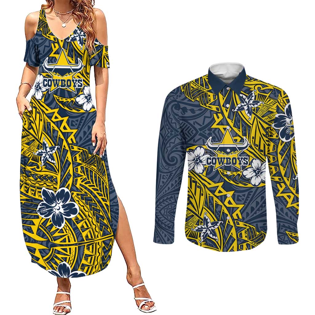 Personalised North Queensland Cowboys Couples Matching Summer Maxi Dress and Long Sleeve Button Shirt Polynesian Tribal Pattern With Rugby Bull Mascot Art