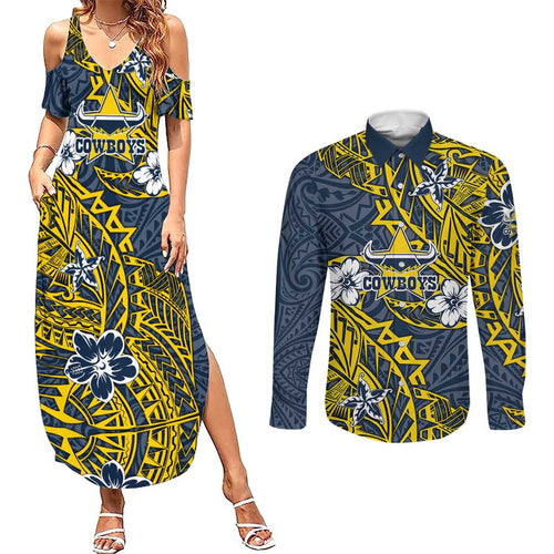 Personalised North Queensland Cowboys Couples Matching Summer Maxi Dress and Long Sleeve Button Shirt Polynesian Tribal Pattern With Rugby Bull Mascot Art