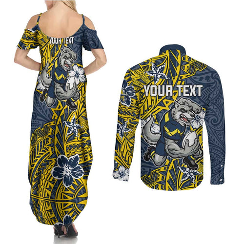 Personalised North Queensland Cowboys Couples Matching Summer Maxi Dress and Long Sleeve Button Shirt Polynesian Tribal Pattern With Rugby Bull Mascot Art