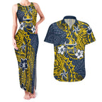Personalised North Queensland Cowboys Couples Matching Tank Maxi Dress and Hawaiian Shirt Polynesian Tribal Pattern With Rugby Bull Mascot Art