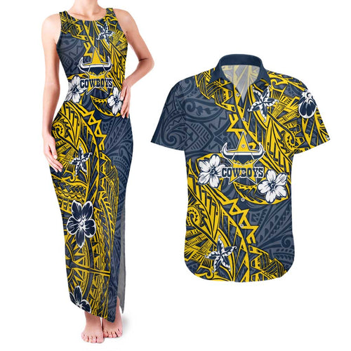 Personalised North Queensland Cowboys Couples Matching Tank Maxi Dress and Hawaiian Shirt Polynesian Tribal Pattern With Rugby Bull Mascot Art