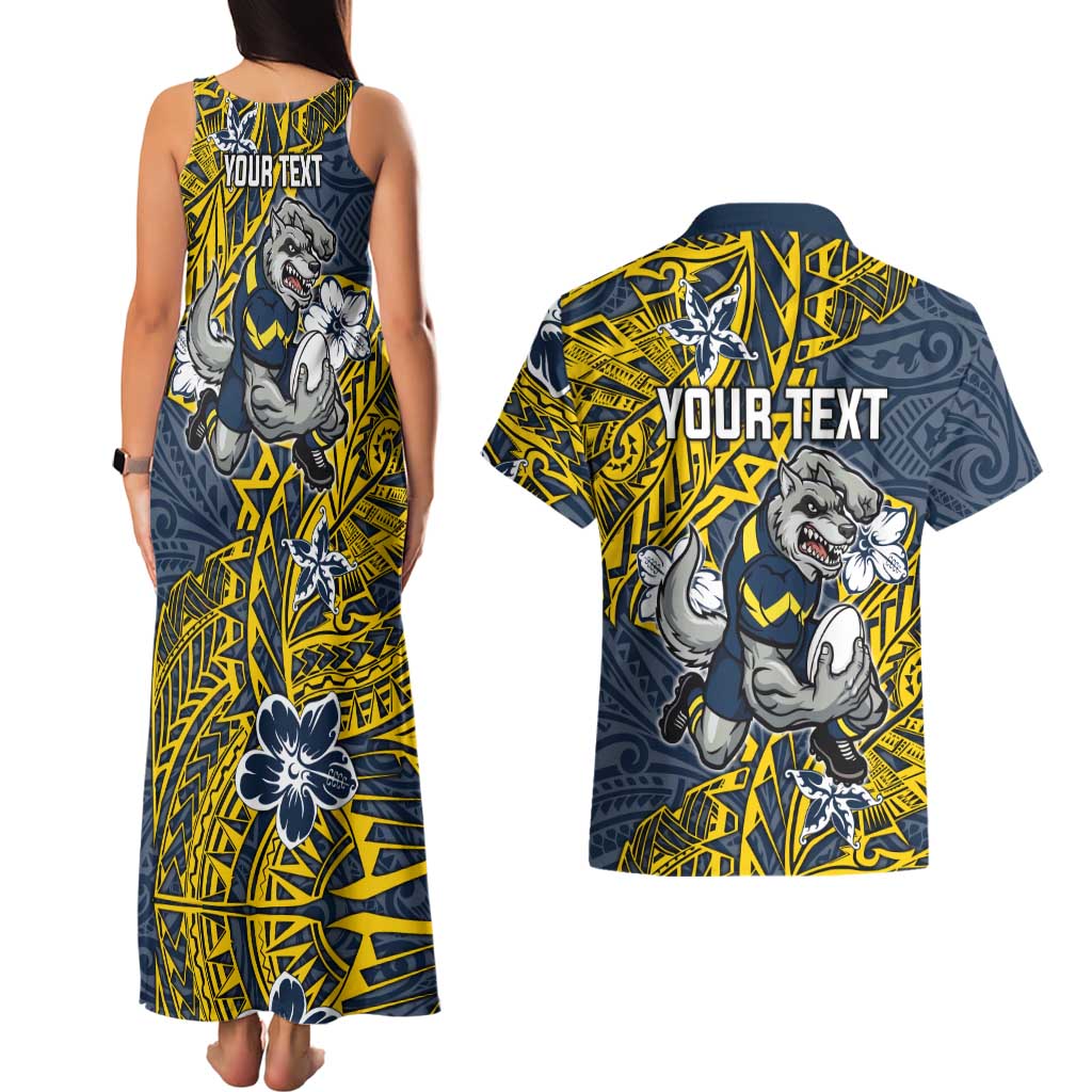 Personalised North Queensland Cowboys Couples Matching Tank Maxi Dress and Hawaiian Shirt Polynesian Tribal Pattern With Rugby Bull Mascot Art
