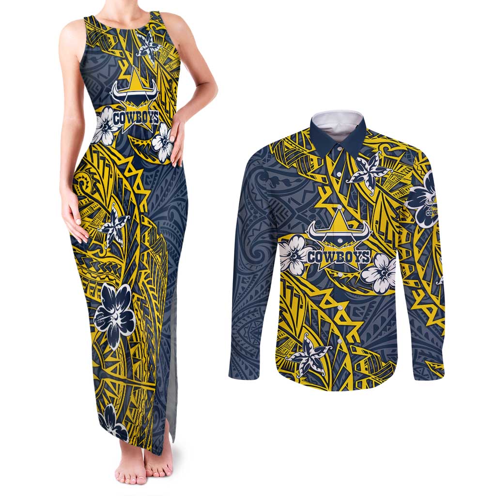 Personalised North Queensland Cowboys Couples Matching Tank Maxi Dress and Long Sleeve Button Shirt Polynesian Tribal Pattern With Rugby Bull Mascot Art