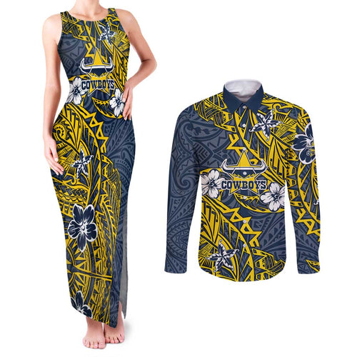 Personalised North Queensland Cowboys Couples Matching Tank Maxi Dress and Long Sleeve Button Shirt Polynesian Tribal Pattern With Rugby Bull Mascot Art
