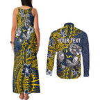 Personalised North Queensland Cowboys Couples Matching Tank Maxi Dress and Long Sleeve Button Shirt Polynesian Tribal Pattern With Rugby Bull Mascot Art