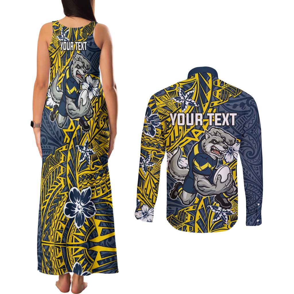 Personalised North Queensland Cowboys Couples Matching Tank Maxi Dress and Long Sleeve Button Shirt Polynesian Tribal Pattern With Rugby Bull Mascot Art